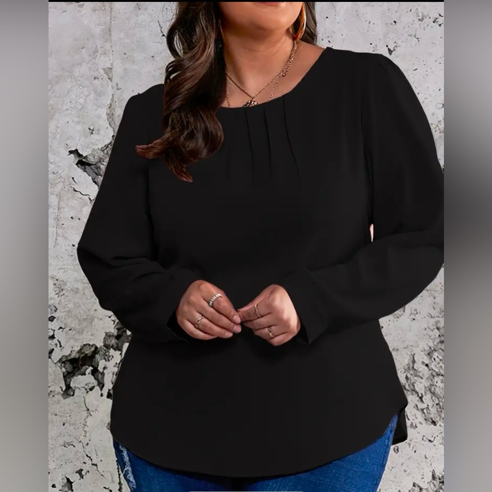 Temu Elegant Black Pleated Blouse, 3XL